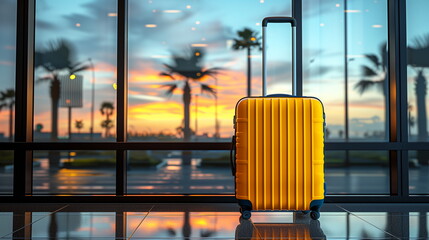 A lone yellow suitcase stands in an airport with a beautiful sunset visible through the window.