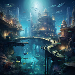 Surreal underwater city with mermaids and sea creatures