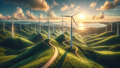 Modern wind turbines on lush green hills