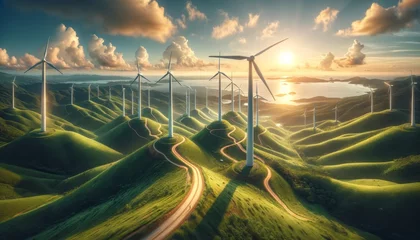 Fotobehang Modern wind turbines on lush green hills © Riz