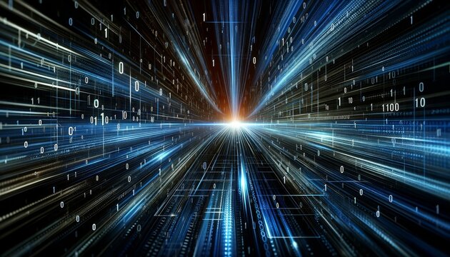 dynamic digital data flow. streams of binary code, ones and zeros, rushing through three-dimensional space