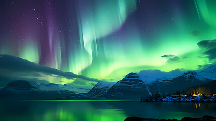 Northern Lights, Aurora Borealis, Snowy Mountains at Night