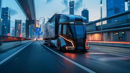 Naklejka premium Autonomous electric truck glides down the highway, city lights and twilight sky in the background, signifying innovation in transport.
