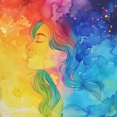 a watercolor painting of a girl with rainbow colors around her, in the style of fluid detailed background elements 