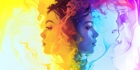 Obraz premium two women faces drawn in orange and blue colors, abstract and colorful, wallpaper