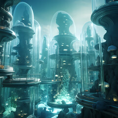 Underwater city with transparent domes. 