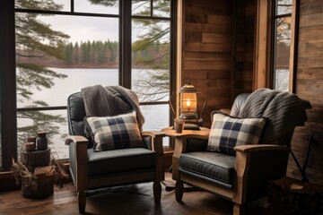 Cozy lakeside cabin interior with fireplace and comfortable armchair