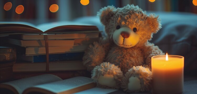 A cuddly teddy bear resting against a stack of vintage books, its button eyes reflecting the warm glow of a flickering candle.