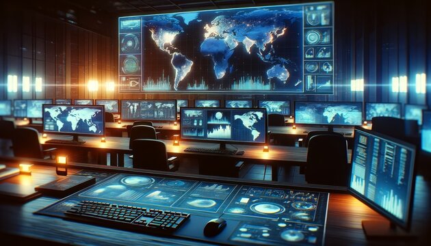 Digital artwork showcasing an advanced command center, intricate setups of monitors with detailed maps and data analytics