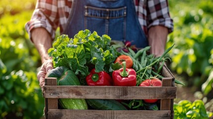 Fototapeta premium farmer holding wooden box full of fresh vegetables. harvesting season. basket with vegetables in the hands of a farmer background, healthy, organic, food, agriculture