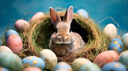a rabbit in a nest with eggs