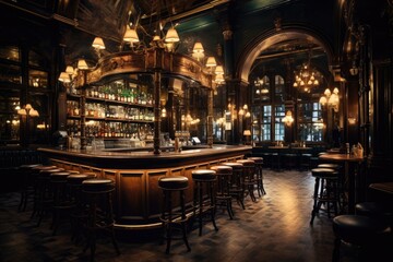 Fototapeta na wymiar Traditional pub interior with wooden bar and stools
