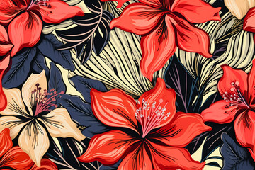 modern abstract tropical floral pattern, black background