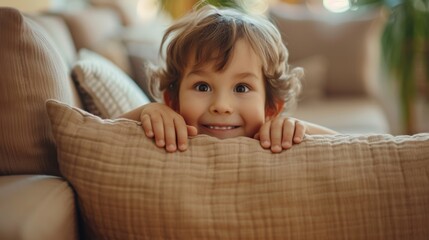 Fototapeta premium little asian children kid playing hide and seek standing behind the sofa, Adorable child having fun in the home. happy family have fun with kids, activity, learning, activity, game, meditation