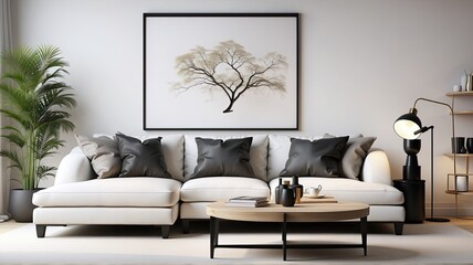 3D model of living room, poster on the wall, background
