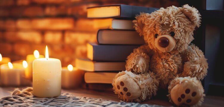 A cuddly teddy bear resting against a stack of vintage books, its button eyes reflecting the warm glow of a flickering candle.