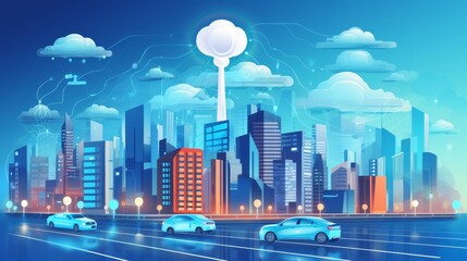 Fototapeta na wymiar Social networking city and town with automation car on the world symbols moving from buildings to cloud using wifi. Vector illustration, penology, communication, generation, modern,