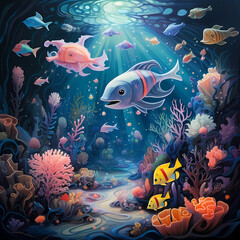 Fototapeta na wymiar Whimsical underwater world with talking sea creatures