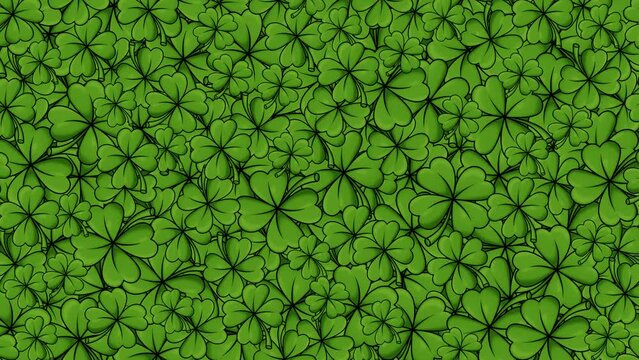 Green lucky shamrocks cartoon animation illustration hand draw style. Saint Patrick's Day background design blank concept. Four leaves green irish clovers backdrop.