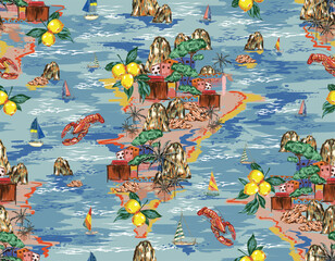 Summer paradise island seamless pattern. Tropics background Capri Italy Inspired palm trees, Mountain, ocean sea waves texture. - 738799023