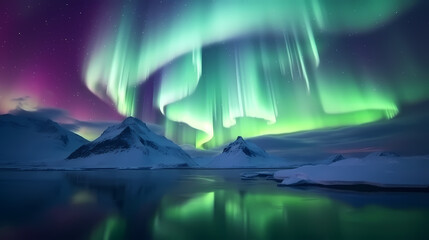 Northern Lights, Aurora Borealis, Snowy Mountains at Night