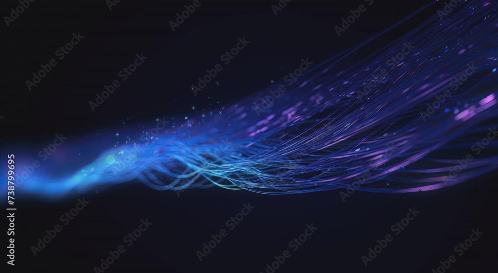 Poster an abstract composition of digital blue particles flowing in wave-like formations, set against a bac