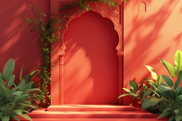 Arabian Ramadhan Style: Islamic Design for Eid al-Fitr Background, 3D Empty Podium Stage for Product Display