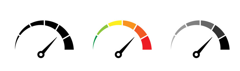 Risk meter icon set. Risk concept on speedometer. Set of gauges from low to high.  Vector illustration. - obrazy, fototapety, plakaty