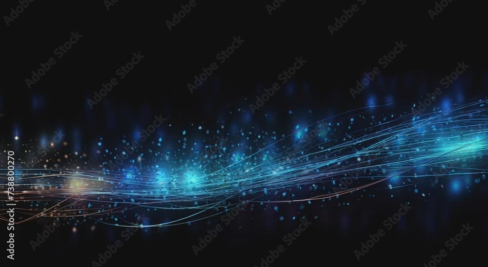 Poster an abstract composition of digital blue particles flowing in wave-like formations, set against a bac