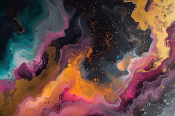 Abstract Fluid Art Texture with Vibrant Swirls of Turquoise, Gold, and Pink, Ideal for Backgrounds and Creative Designs