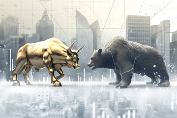 A majestic golden bull faces a formidable wireframe bear, both juxtaposed against a financial district’s skyline with overlaying stock market graphs