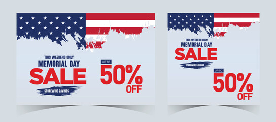 Set of memorial day sale web banner. Happy memorial day holiday sale post. Memorial day weekend sale banner. Memorial Day social media promotion template design in USA national flag colors