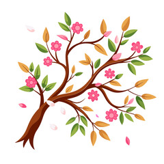 Obraz premium Tree branch with flowers and leaves vector art isolated