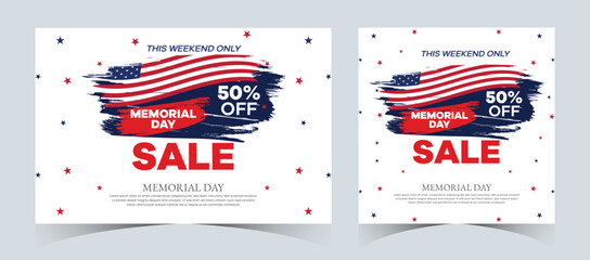 Set of memorial day sale web banner. Happy memorial day holiday sale post. Memorial day weekend sale banner. Memorial Day social media promotion template design in USA national flag colors