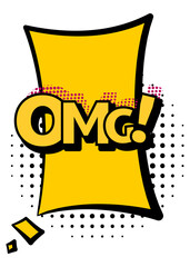 Comic colored hand drawn speech bubble. Retro cartoon sticker. Funny design item illustration. Comic text OMG sound effect in pop art style