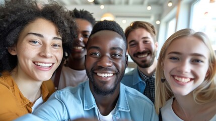 Office selfie. Friendly young biracial workers colleagues have fun at workplace shoot cute silly self picture on phone