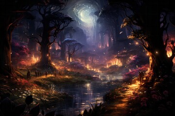A tranquil scene of a moonlit forest and river in the darkness of midnight