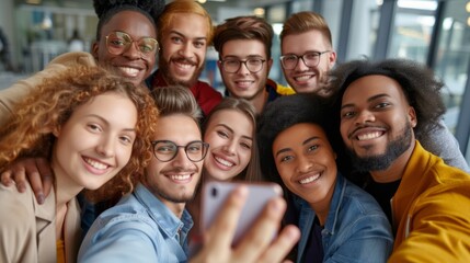 Fototapeta premium Office selfie. Friendly young biracial workers colleagues have fun at workplace shoot cute silly self picture on phone