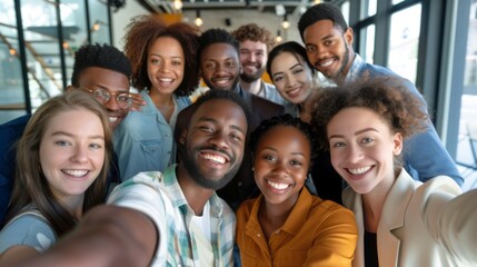 Office selfie. Friendly young biracial workers colleagues have fun at workplace shoot cute silly self picture on phone