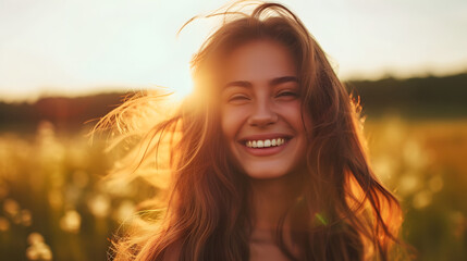 Bela jovem sorrindo à tarde no campo, sorriso beldade entardecer cativante simpática
