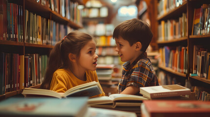 young boy and girl in a library reading, book education knowledge learning studying