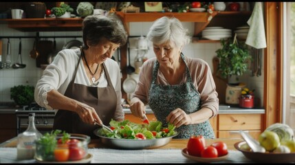 Naklejka premium Two people are preparing a fresh salad in a cozy kitchen.