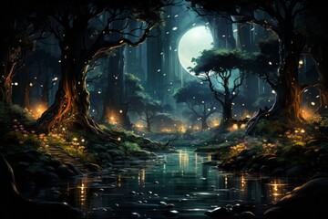 there is a river in the middle of the forest with a full moon in the background