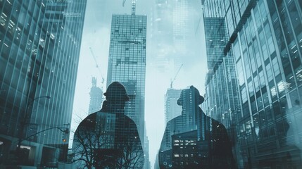 Silhouettes of builders in urban construction, artistic depiction of modern development