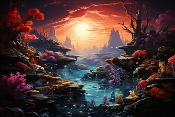 a painting of a river running through a coral reef at sunset