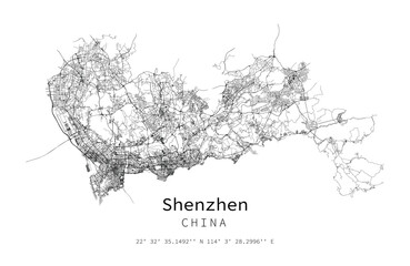Shenzhen city vector map poster. China municipality  linear street map