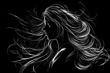 Illustrate the silhouette of a girl with her hair blown by the wind