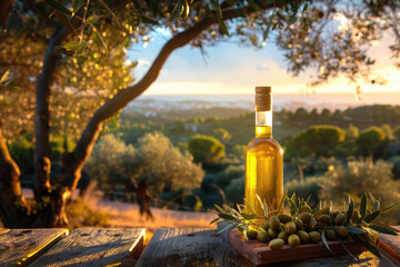Bottle of olive oil and olives on a wooden table near olive trees and a mediterranean landscape with sunshine - obrazy, fototapety, plakaty