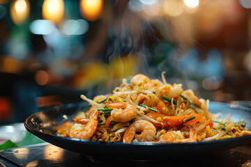 Pad Thai , Thai style noodles , Pad Thai on the table, copy space - obrazy, fototapety, plakaty