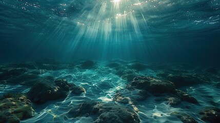 Serene underwater view with sun rays and rocky bottom - obrazy, fototapety, plakaty